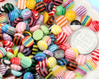 8mm Tiny Round Striped Mixed Flatback Acrylic or Resin Cabochons - 50 pc set