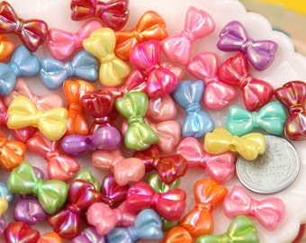 Bow Beads - 18mm AB Small Cute Bow or Ribbon Shape Iridescent Plastic Acrylic or Resin Beads - 100 pc set