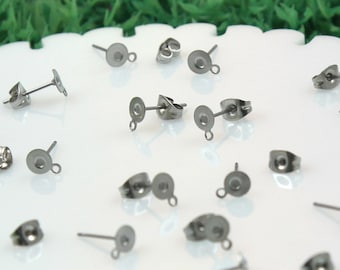 Blank Earrings - 12mm Stainless Steel Stud Earring Posts with 5mm Glue Pads and Loop for Hanging - 15 pairs set