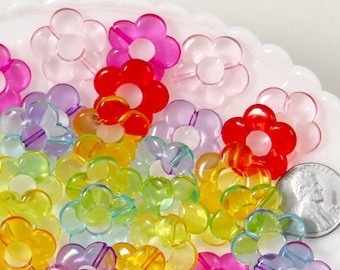 Flower Beads - 18mm Transparent Outline Flower Frame Iridescent Color Plastic Acrylic or Resin Beads – 80 pc set