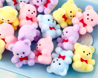 Mini Pastel Flocked Bears - 26mm Pastel Flocked Miniature Bear Colorful Little Miniature Fuzzy Soft Bears - 4 pc set