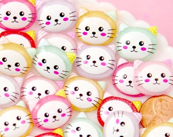 Kitty Cabochon - 20mm Colorful Kitty Cat Multi Color Flat Back Resin Cabochons - 12 pc set