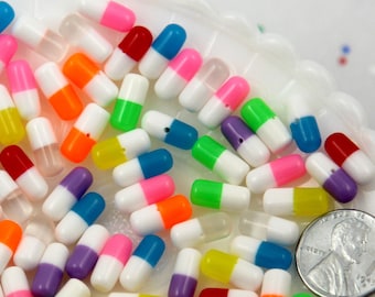 Fake Pills - 12mm Happy Pills Tiny Fake Plastic or Resin Cabochons - with Half-drilled holes - 20 pc set