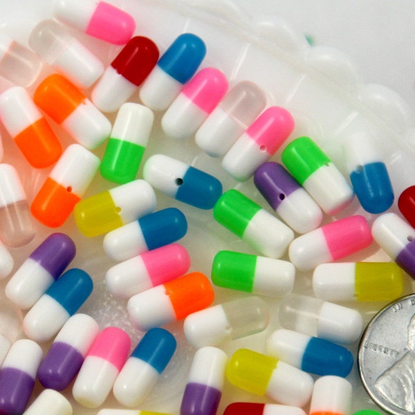 Fake Pills - 12mm Happy Pills Tiny Fake Plastic or Resin Cabochons - with Half-drilled holes - 20 pc set