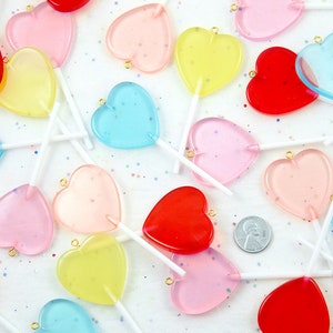 Heart Lollipop Charms - 6 pieces - 83mm Big Heart Shaped Fake Lollipop Faux Candy Acrylic or Resin Charms