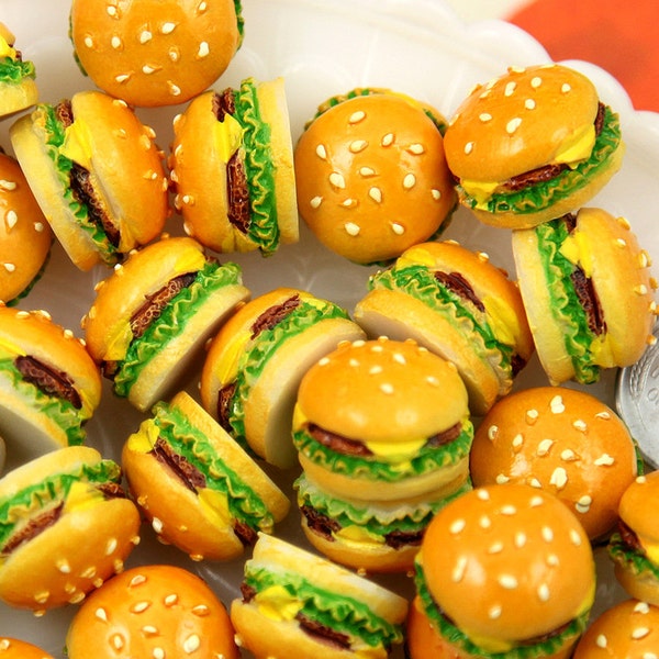 Fake Food - 20mm Big Chunky Hamburger Junk Food Flatback Resin Cabochons - 6 pc set