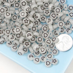 Glow in the Dark 7mm Symbol Beads: Moon, Heart, Flower, Star - 300 pc Set