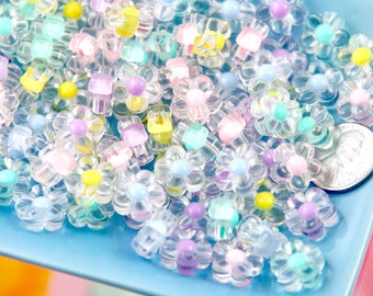 Acrylic Flower Beads - 12mm Small Pastel Transparent Acrylic Flower Beads with Inner Bead - Little Resin Flower Beads - 75 pc set