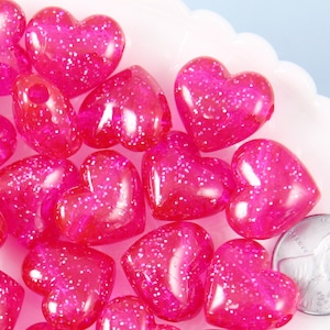Deep Pink Heart Beads - 18mm Rose Pink Glitter Puffy Heart Acrylic or Resin Beads - 25 pcs set