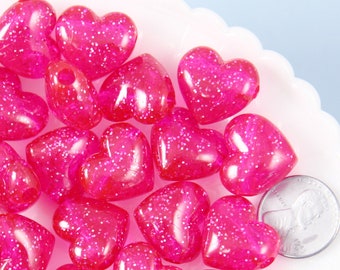 Glitter Heart Beads - 25 pieces - 18mm Rose Pink Glitter Puffy Heart Acrylic or Resin Beads