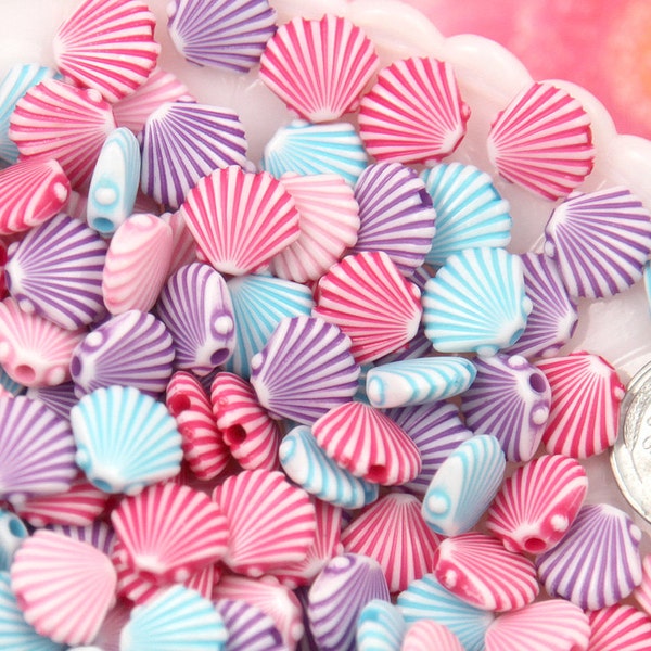 Mermaid Beads - 10mm Small Shell Acrylic Mermaid Scallop Seashell Resin Beads - Pink, Purple, Blue and Rose - 200 pc set