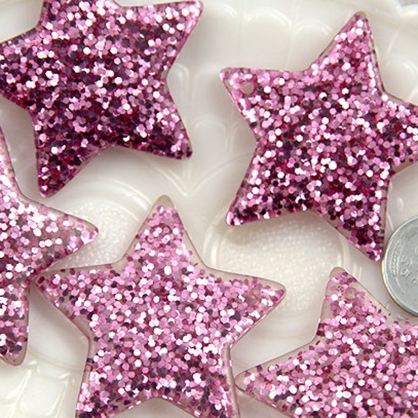 Resin Star Charms - 40mm Pinkish Lavender Glitter Stars Resin Charms - 4 pc set