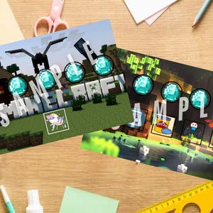 May include: Two Minecraft-themed images with the word "SAMPLE" and the word "MINECRAFT" in large white letters. The images feature pixelated graphics, including diamonds, characters, and landscapes. The images are on a wooden desk with school supplies.