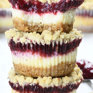 A stack of three cranberry mini cheesecakes highlighting their layers: crunchy graham cracker crust, creamy cheesecake, bright cranberry filling, and crumbly streusel topping, creating a festive dessert display.