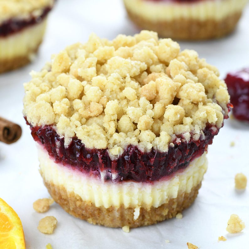 A close-up of a cranberry mini cheesecake featuring a golden graham cracker crust, a creamy cheesecake layer, vibrant cranberry filling, and a crumbly streusel topping, with some filling oozing out.
