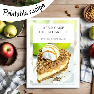 This is a representation of the recipe print out. It is a PDF file of dessert recipe for Apple Crisp Cheesecake Pie and is printable in any paper format. You can print it for your next Thanksgiving, Halloween, Christmas or other occasion.