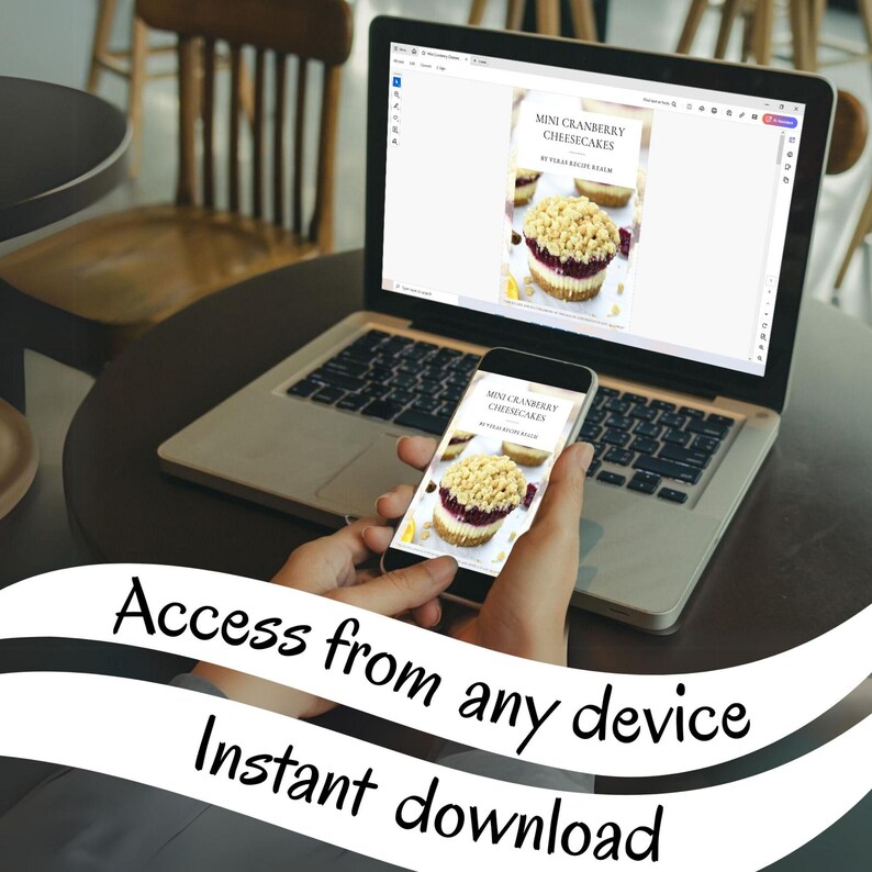This is a representation of the digital recipe for Mini Cranberry Cheesecakes used on various applications on the computer and the phone. This dessert recipe is accessible from any device. When bought, this easy recipe is downloaded instantly.