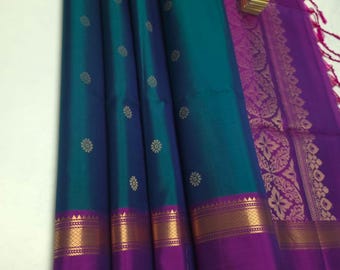 Pure Kanjivaram Silk Saree, Silver Zari Weaving, Contrast Blouse (Silk Mark Certified)