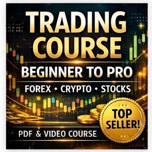 Puede incluir: Gráfico dorado y negro que promociona un curso de trading. El texto dice "TRADING COURSE BEGINNER TO PRO FOREX • CRYPTO • STOCKS PDF & VIDEO COURSE." También se muestra una insignia dorada "TOP SELLER!" y monedas de oro.