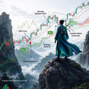 Könnte beinhalten: Eine digitale Illustration mit dem Titel TRADING, die eine Figur in einem fließenden türkisfarbenen Gewand auf einem Berggipfel zeigt. Das Bild enthält Finanzdiagramme, Kerzencharts und Beschriftungen wie Timing, Research, Adaptability, Discipline, Insight, Networking, Growth, EMA Cross, Ichimoku Breakout Point, Buy, Bollinger Band set, Ichimoku Band set, Complex Signal Consensus, Fractal Trend Momentum und MACD Oscillator.