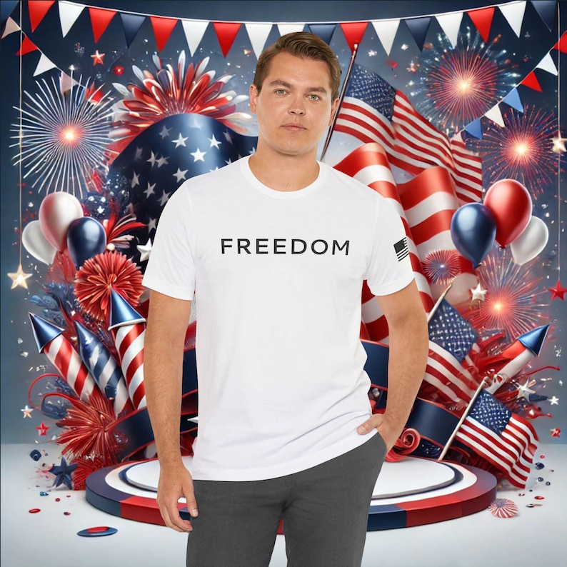 Freedom T-Shirt - Minimalist Patriotic Graphic Tee with American Flag Sleeve - USA Shirt for Men & Women image 2