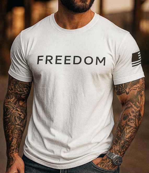 Freedom T-Shirt - Minimalist Patriotic Graphic Tee with American Flag Sleeve - USA Shirt for Men & Women