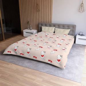 Seamless Cute Cats Microfiber Duvet Cover, Cute Kids Cats Duvet Covers, Cartoon Cat Cute Duvet Covers, Valentine Cute Cat Duvet Cover