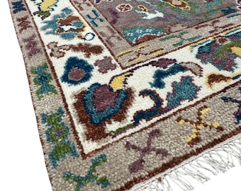Tapis en laine oushak turc noué à la main : style campagnard bohème vintage, tapis oushak brun, tapis en laine néo-zélandaise, tapis botanique oushak, tapis terreux luxe,