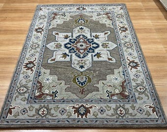 Tapis turc en laine oushak noué à la main : tapis floral vintage, décoration de ferme bohème, tapis en laine néo-zélandaise, tapis floral mélangé géométrique, tapis marron taupe