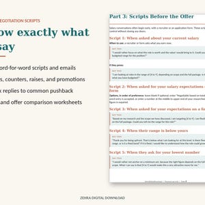 May include: A digital document titled Salary Negotiation Scripts featuring the text Know exactly what to say, followed by a list of features and a section titled Part 3: Scripts Before the Offer, containing five specific scripts for salary discussions.