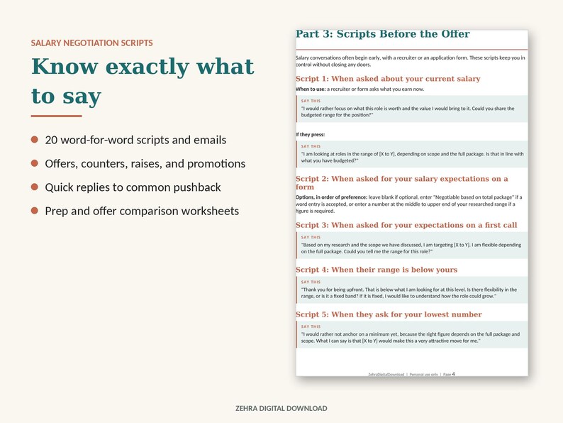 May include: A digital document titled Salary Negotiation Scripts featuring the text Know exactly what to say, followed by a list of features and a section titled Part 3: Scripts Before the Offer, containing five specific scripts for salary discussions.