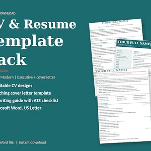 May include: A digital download CV and resume template pack featuring three editable designs, a matching cover letter template, and a writing guide. The documents are formatted for Microsoft Word in US Letter size, displayed against a dark teal background.