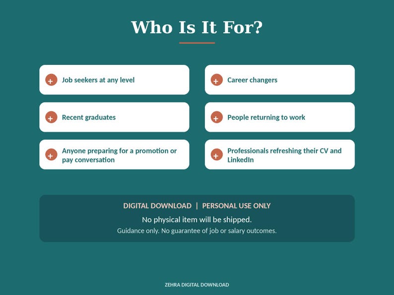 May include: A teal informational graphic titled Who Is It For? with six white rectangular boxes containing text: Job seekers at any level, Career changers, Recent graduates, People returning to work, Anyone preparing for a promotion or pay conversation, and Professionals refreshing their CV and LinkedIn.