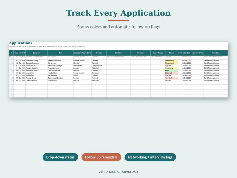 May include: A digital job application tracker spreadsheet titled Track Every Application with columns for date, company, role, location, source, link, contact, salary, status, follow-up, interview, and next step, featuring color-coded status cells.