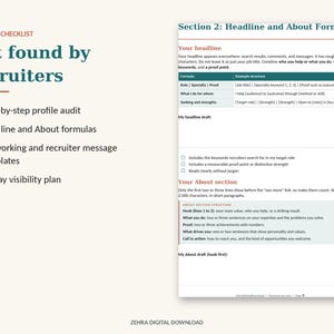 May include: A digital checklist document titled LinkedIn Checklist: Get found by recruiters. The page features a list of four items and a detailed Section 2: Headline and About Formulas with tables, text instructions, and checkboxes for profile optimization.