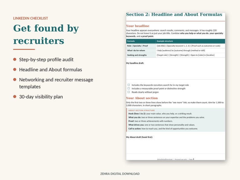 May include: A digital checklist document titled LinkedIn Checklist: Get found by recruiters. The page features a list of four items and a detailed Section 2: Headline and About Formulas with tables, text instructions, and checkboxes for profile optimization.