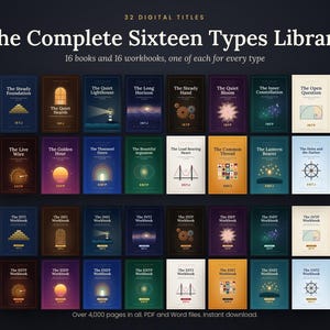 Puede incluir: Una colección digital titulada The Complete Sixteen Types Library, con 32 portadas de libros y cuadernos de ejercicios en una cuadrícula. Cada portada muestra un icono gráfico único, un título y un código de tipo de personalidad.