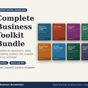 May include: A Complete Business Toolkit Bundle featuring eight digital document sets for operations, sales, marketing, product, HR, customer support, finance, and legal. The collection includes guides, checklists, and fill-in templates in Word and PDF formats.