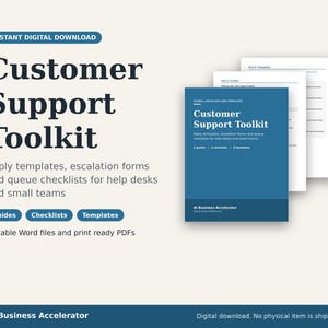 Könnte beinhalten: Ein digitales Kundensupport-Toolkit mit Antwortvorlagen, Eskalationsformularen und Warteschlangen-Checklisten. Das Set enthält Anleitungen, Checklisten und Vorlagen als bearbeitbare Word-Dateien und druckfertige PDF-Dokumente.