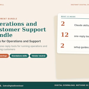 Op de afbeelding: Operations and Customer Support Bundle digitale download met 2 Claude-vaardigheden, 12 one-reply tools en 2 installatiehandleidingen. De afbeelding bevat tekstlabels voor bundelbesparingen, losse vaardigheden en leverancierneutrale functies.