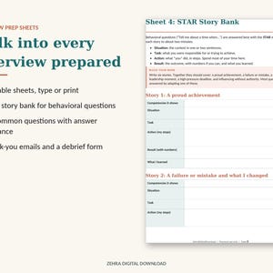 May include: A digital interview preparation set featuring nine fillable sheets, a STAR story bank for behavioral questions, thirty common questions with guidance, thank-you emails, and a debrief form. The document includes text titled Sheet 4: STAR Story Bank.