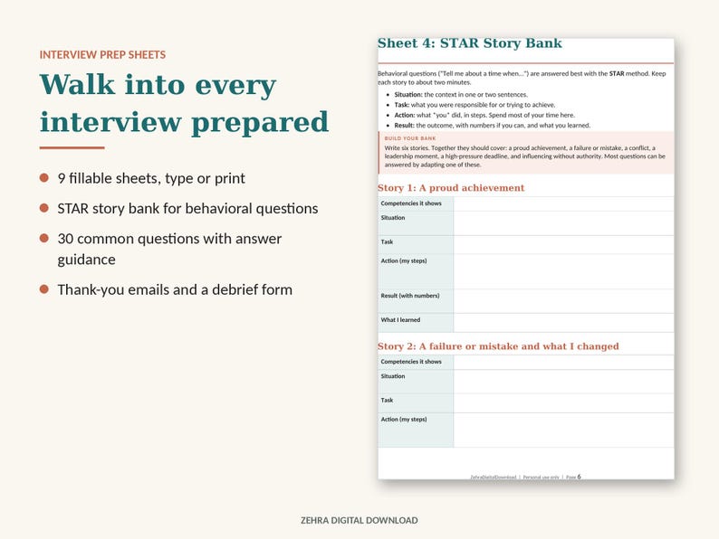 May include: A digital interview preparation set featuring nine fillable sheets, a STAR story bank for behavioral questions, thirty common questions with guidance, thank-you emails, and a debrief form. The document includes text titled Sheet 4: STAR Story Bank.