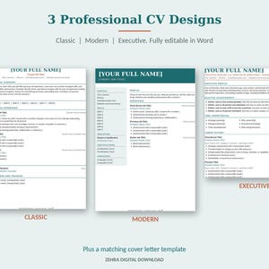 May include: Three professional CV templates labeled Classic, Modern, and Executive, featuring placeholders for full name, job title, professional summary, core skills, experience, education, and certifications, with a matching cover letter template.