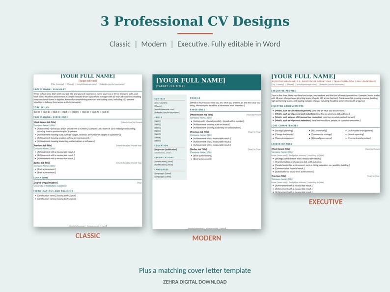 May include: Three professional CV templates labeled Classic, Modern, and Executive, featuring placeholders for full name, job title, professional summary, core skills, experience, education, and certifications, with a matching cover letter template.