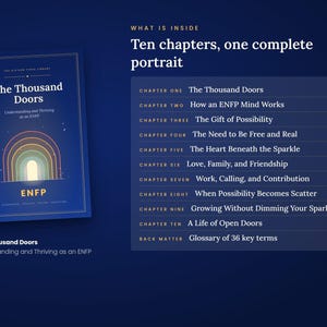 May include: A dark blue book titled The Thousand Doors: Understanding and Thriving as an ENFP, featuring a rainbow arch graphic. Beside it, a list displays ten chapters including titles like How an ENFP Mind Works and The Gift of Possibility.