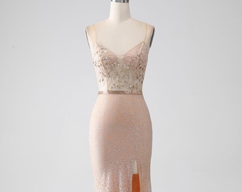 Champagne evening dress with glitter, transparent bodice & slit, figure-hugging dress for prom, gala or wedding
