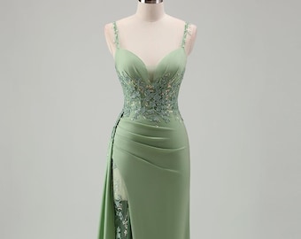 Elegant mermaid evening dress - spaghetti straps, high slit, lace appliqués, sage green, ball and prom dress, festive dress