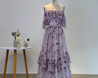 Elegant lilac floral print chiffon dress: off-the-shoulder, ruffles & flounces, ideal for weddings, balls, bridesmaids, other occasions