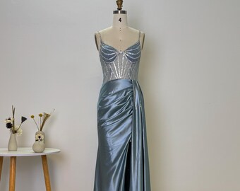 Elegant evening dress with glitter corset and slit | Satin maxi dress with sequins | Festive dress for ball, graduation or gala
