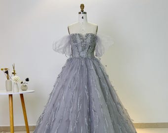 Handmade grey evening dress with glitter beads, tulle ball gown for gala, prom, bridesmaid, elegant princess dress